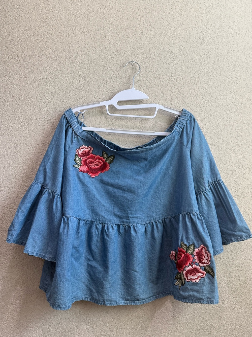 A.N.A Chambray Off-the-Shoulder Bell Sleeve Top